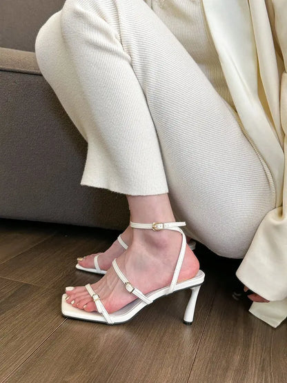 New Women's Shoes Fashion Buckle Design Square Toe Thin High Heel Sandals Shoes for Women Sandalias De Mujer 2023