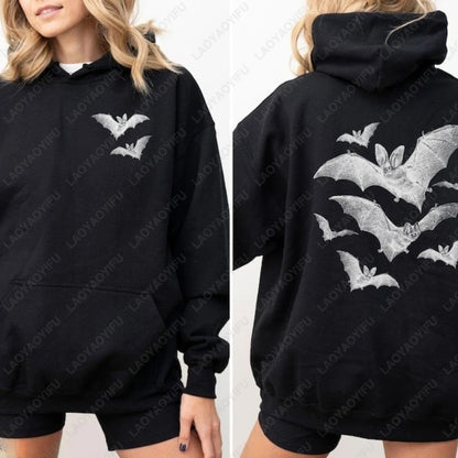 EtherealBe gothic bat hoodie for women featuring a bat design on front and back in black