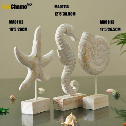 Mediterranean Style Home Decoration Accessories Wooden Crafts Starfish Conch Hippocampus Wood Carving Marine Living Room Decor