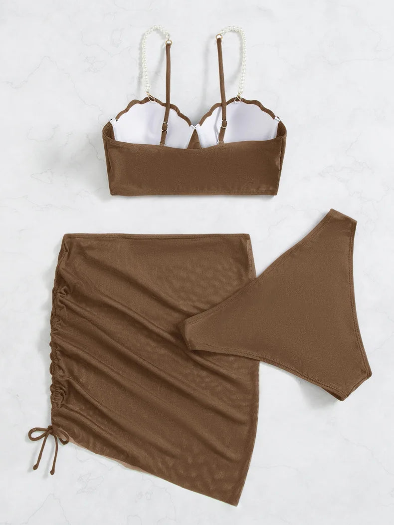 New Swimsuit Women Three Piece Set Solid Blue/Red/Orange/Black Summer Bikini European American Scallop 2024 Swimsuits Wholesale