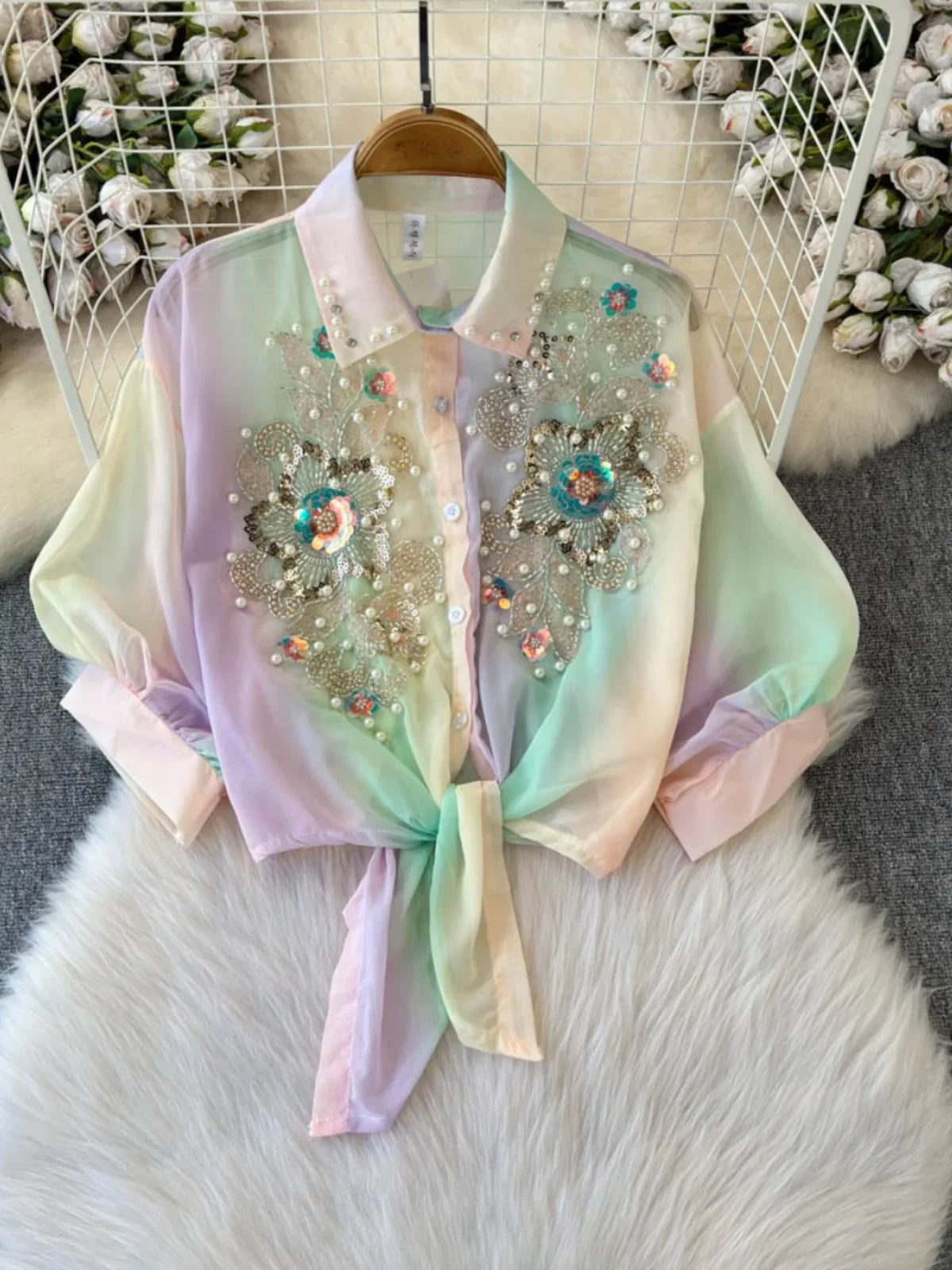 Beads Sequin Flower Blusas Mujer Rainbow Color Shirts & Blouses Lace-up Bow Camisas 2026 Spring Women Clothing Ropa