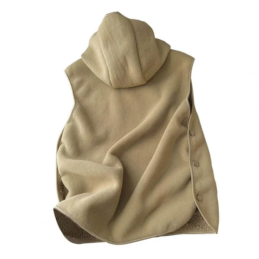Lady Thermal Vest Women Side Button Closure Fleece Hooded Vest Solid Color Front Pocket Casual Top For Fall Winter