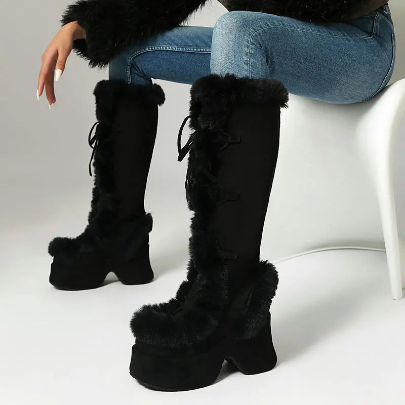 8CM Chunk Heels Winter Warm Knee High Boots Women Snow Short Plush Platform Boots Faux Fur Cosplay Lace-up Long Shoes Size 34-43