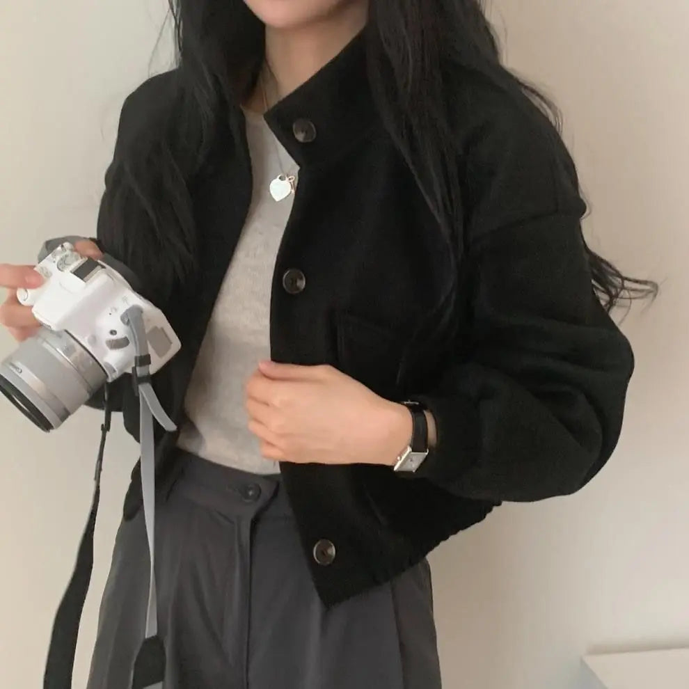 Autumn and Winter Loose Wool Coat for Women's Pocket Stand Collar Top Long Sleeve Button Hong Kong Style Wool Coat