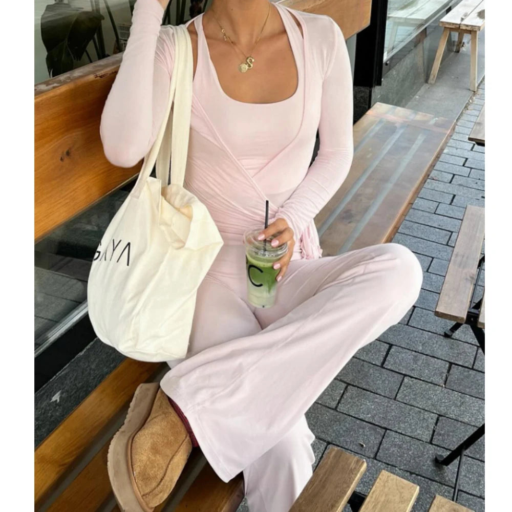 Women Autumn y2k Yoga 2 Piece Outfits Casual Solid Tie up Hem Wrap Long Sleeves V-neck Crop Tops Elastic Flare Pants Tracksuits