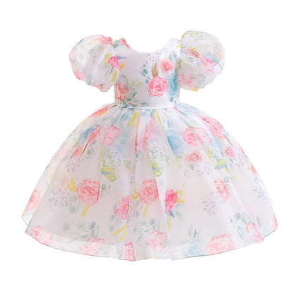 Elegant Flower Girls Party Dress Puff Sleeve Kids Bridemaid Dresses For Girl Wedding Prom Gown Children Birthday Princess Dress