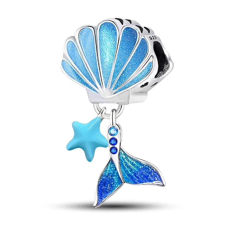 925 Sterling Silver Jellyfish Seahorse Blue Ocean Series Charms Beads Fit Diy Bracelet Making Gift of Fine Jewelry for Womens