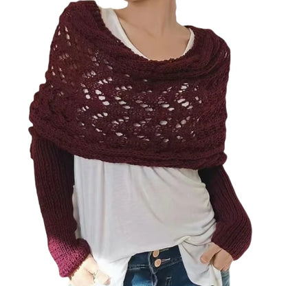 〔CC88〕Autumn and Winter Long Shawl Knitted Hollow Out Fashion Casual Wraps Shoulder Sweater Scarf with Lengthened Double Sleeves
