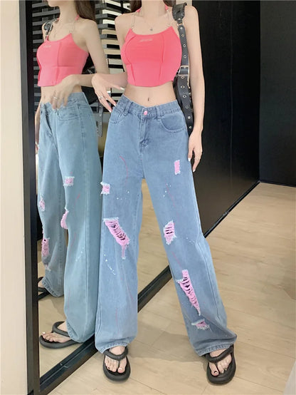 Jeans Women Ripped Niche Design 2025 Summer New High-waisted Slimming Loose Casual Straight Wide-leg Pants