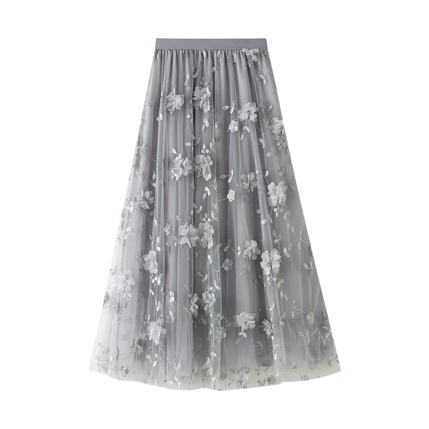 Korean Style Women's Floral Embroidered Mesh Skirt Harajuku High Waist A Line Midi Skirts Elegant Tulle Skirt Faldas Mujer