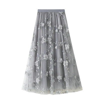 Korean Style Women's Floral Embroidered Mesh Skirt Harajuku High Waist A Line Midi Skirts Elegant Tulle Skirt Faldas Mujer