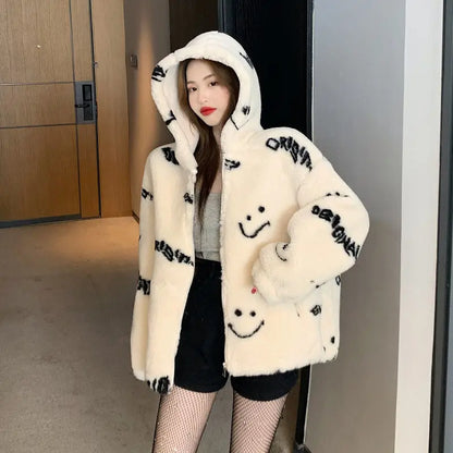 Jackets For Women 2022 Winter Cashmere Chic Printing Hooded Fashion Street Outerwear Sweet Casual College Women's jacket Coat