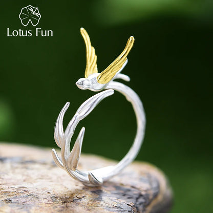 Lotus Fun 18K Gold Swallow Willow Branch Unusual Asymmetrical Rings for Women Real 925 Sterling Silver Original Fine Jewelry