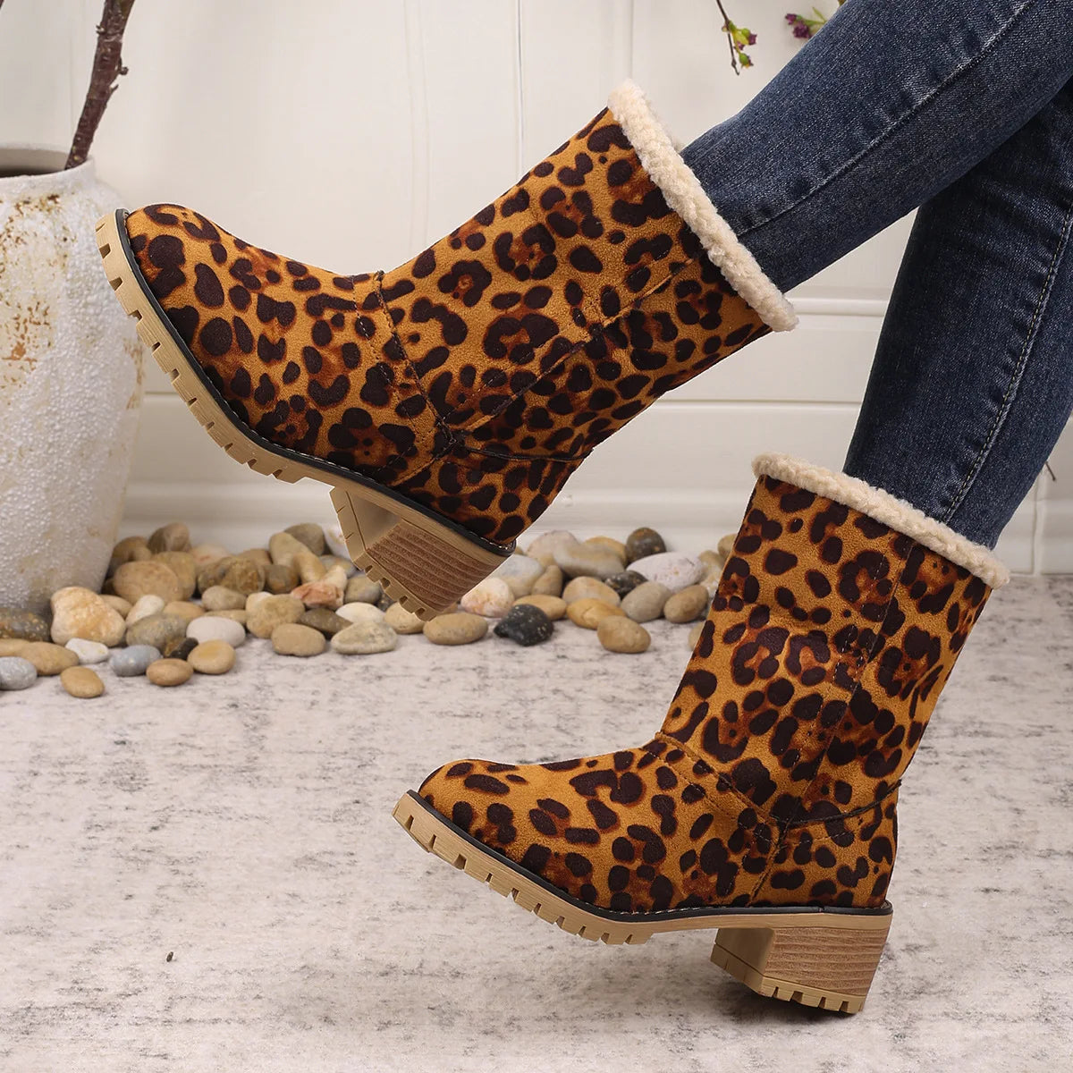 Winter Snow Boots for Women Warm Comfortable Women's Boots Mid-length Thick-heeled High-heeled Women's Cotton Shoes Botas Mujer
