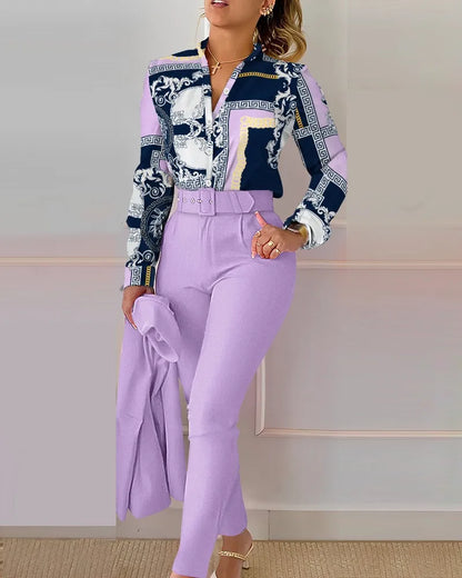 Autumn Winter Stand Neck Floral Print Long Sleeve Shirt Pants Two Piece Sets Elegant Women Casual Shirt Trousers Suits With Belt