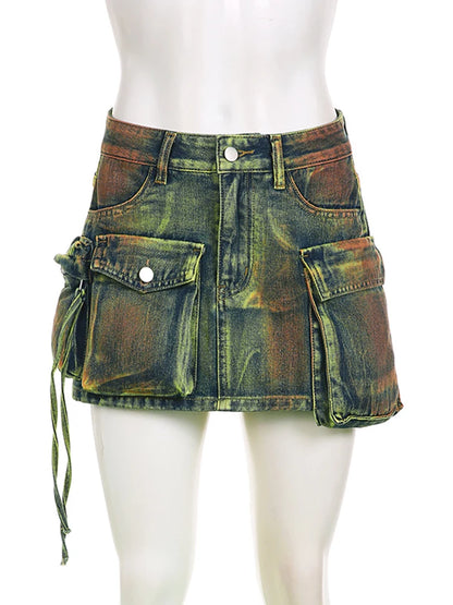 DEAT Women's Denim Skirts Tie-dye Green Irregular Spliced Multiple Pockets Cargo Mini Skirt 2025 Summer New Fashion 29L3411