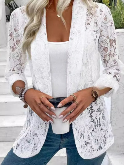 Fashion Women Lace Hollow Out Elegant Long Sleeve Coat Autumn Solid Color Loose Cardigan Blazer Spring Casual suit Jacket