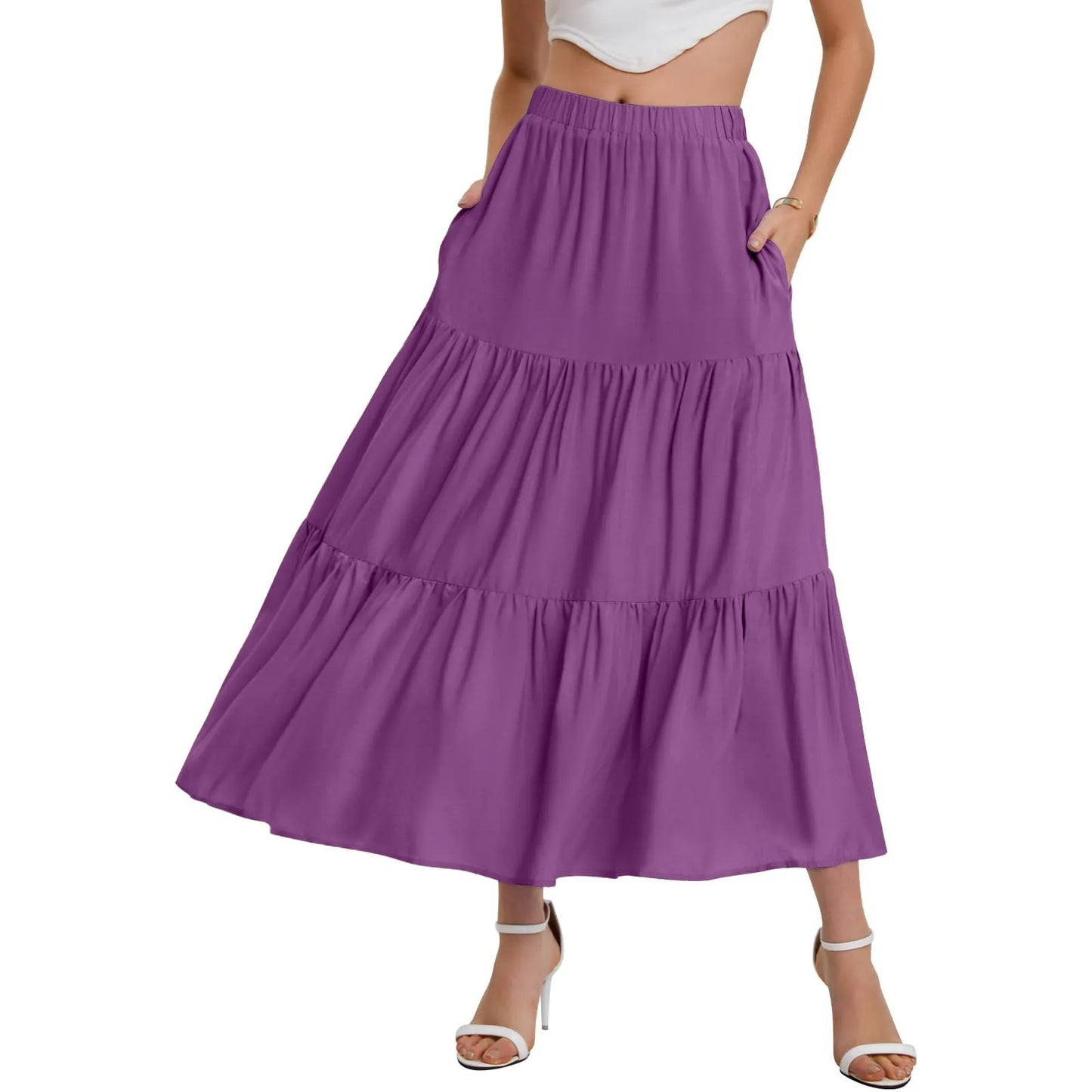 Skirts For Women Summer Bohemian Swing Beach Skirt High Waist A Line Flowy Skirts Pleated Layered Ruffle Hem Flowy A Line Skirt