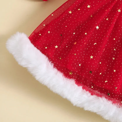 Christmas Children's Clothes 1-5Y Girls Long sleeve Dresses Stars Sequin Mesh Princess Dress with Bow Headband Festival Costume