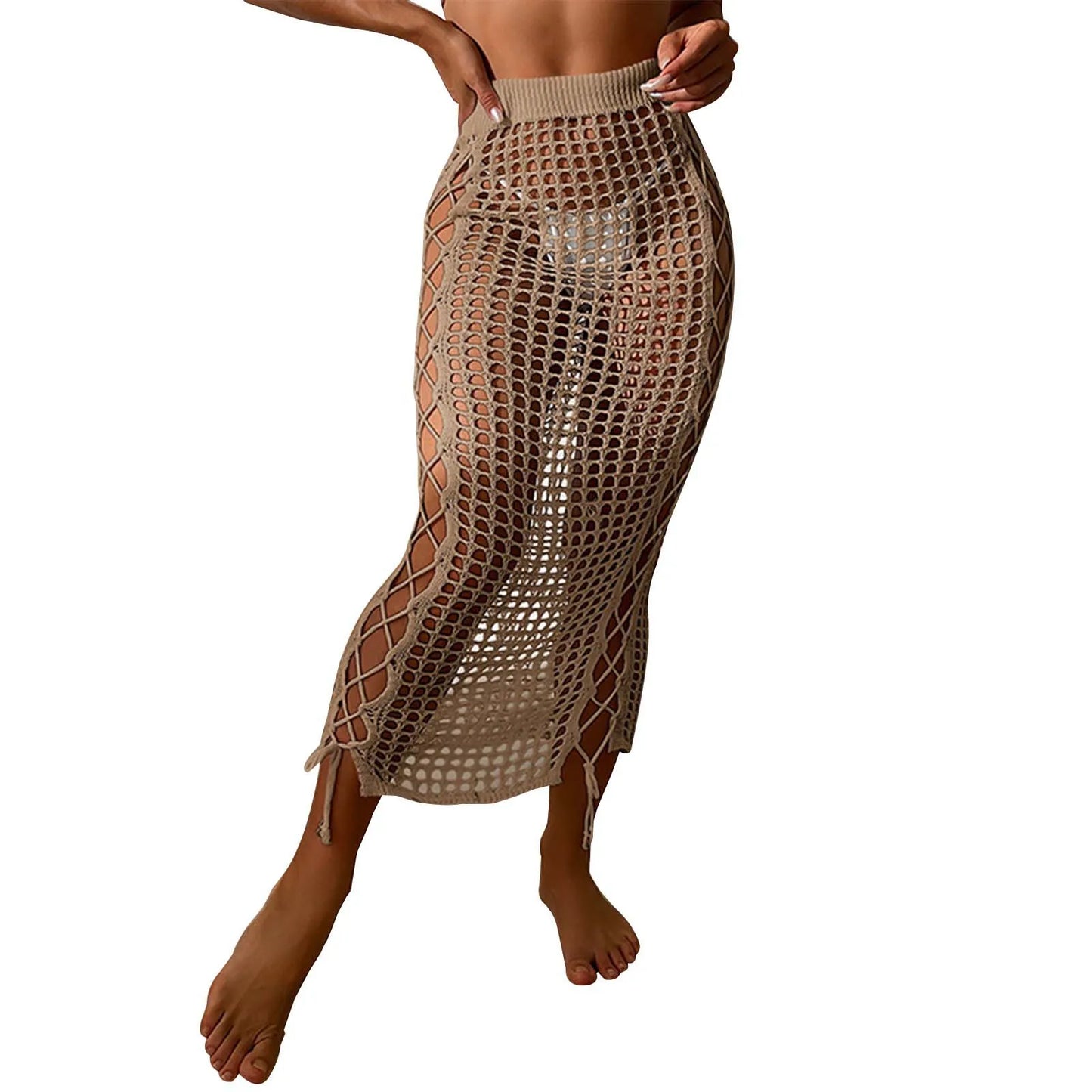 Summer Vacation Beach Cover Ups Women Crochet Knitting Skirts Sunscreen Solid Color High Waist Bodycon Hollow Out Long Skirt