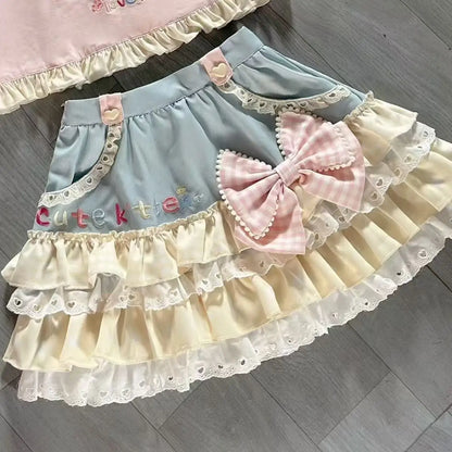 2026 Spring Japanese Cute T-shirts Women Casual Y2k Crop Top Kawaii Blouse and Mini Cake Skirts Outwear Lolita Vintage Tees Chic