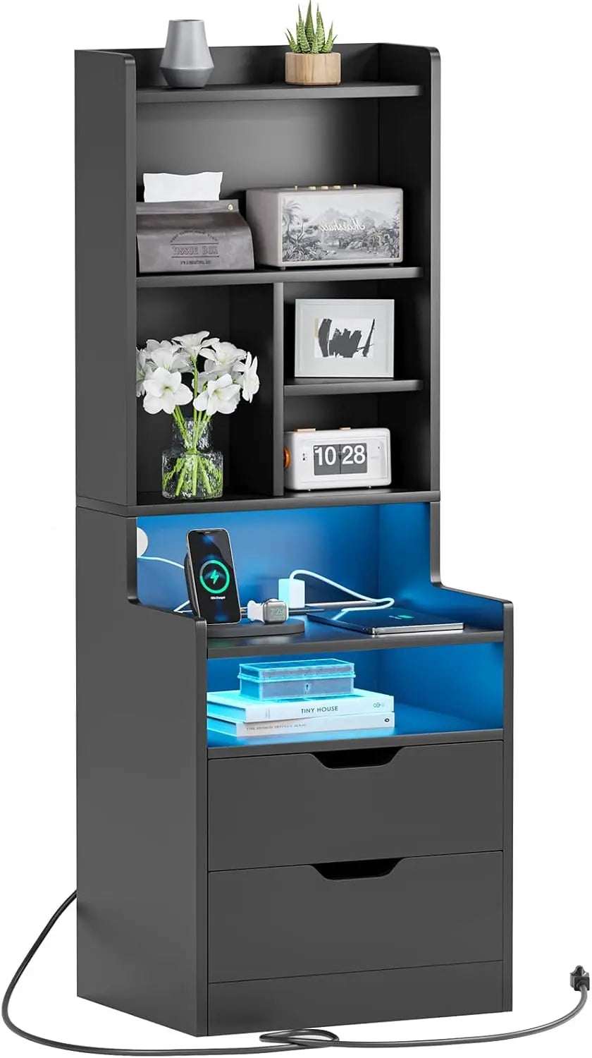 Charging Nightstand Set of 2 with LED Lights,Tall Night Stand with Bookshelf,Bedside Table with Drawers