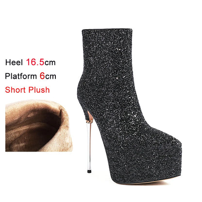 2025 New Autumn Winter Shiny Stiletto Ankle Boots Woman High Heels Glitter Bling Short Boots Women Platform Pointed Toe Shoes