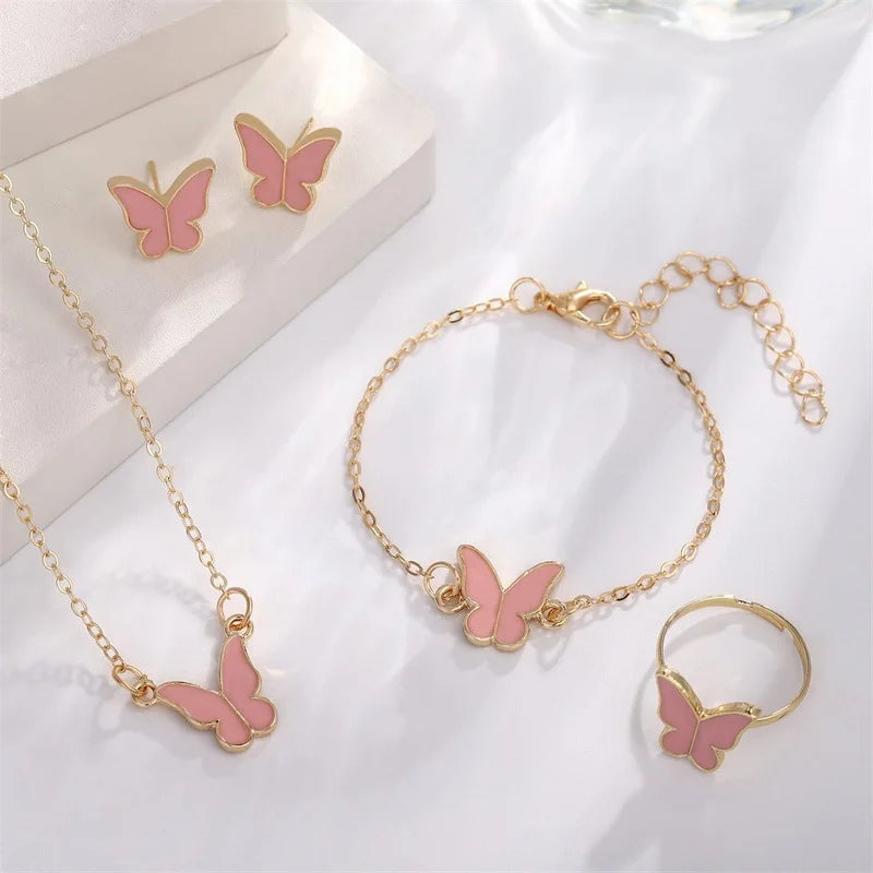 Fashion Butterfly Jewelry Set Acrylic Romantic Bracelet Ring Necklace Earring Set for Women Wedding Party New Year Festival Gift