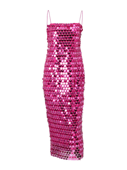 Sequined Tube Top Strap Dress Women Sexy Sleeveless Slim Solid Straight Long Vestidos Fashion Backless Slip Split Evening Robe