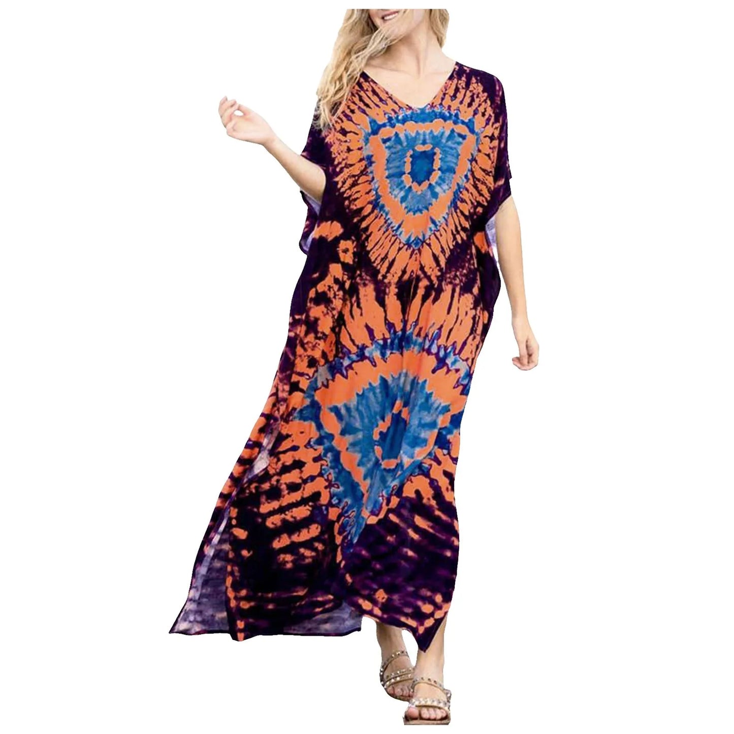 Womens Plus Size Kaftans Casual V Neck Puff Sleeve Boho Loose Floral Long Soft Beach Maxi Summer Swing Party Dresses For Women