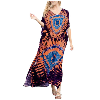 Womens Plus Size Kaftans Casual V Neck Puff Sleeve Boho Loose Floral Long Soft Beach Maxi Summer Swing Party Dresses For Women
