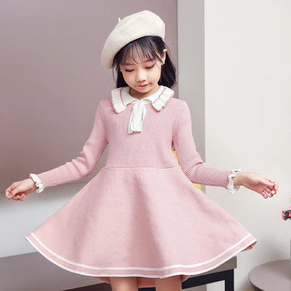 New girl baby sweater knitted dress  children warm Sweater dress for girls infant casual pure color Pleated princess dress