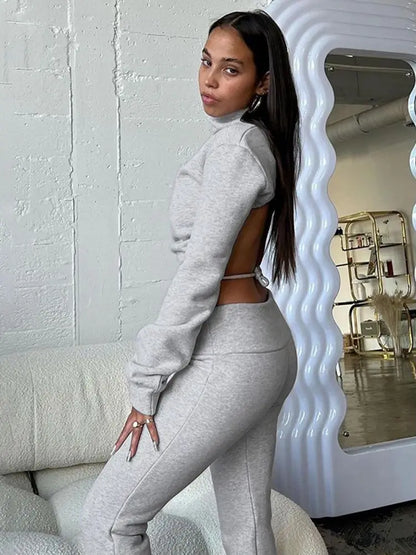 Cryptographic Fall Winter Two Piece Sets Long Sleeve Crop Top and Pants Backless Women's Sets Tie Up Casual Outfits Tracksuits
