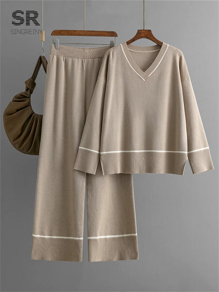 SINGREINY Women Basics Winter Sets V Neck Sweater+Solid Wide Legs Long Pants 2024 Autumn Fashion Casual Thick Two Pieces Suits
