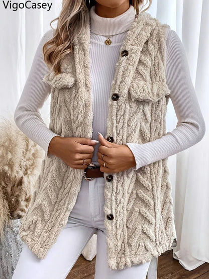 VigoCasey 2025 Apricot Sleeveless Vest Coat Woman Single-breasted Warm Plush Waistcoat Lady Autumn Winter Hooded Vest Jacket