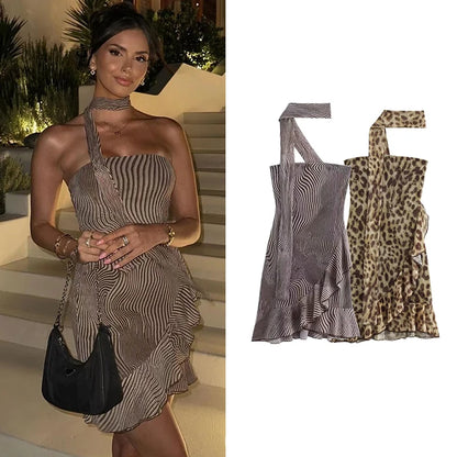 TRAF Dresses Summer Women's 2024 New Chic Hanging Neck Elastic Tight-Fitting Elegant Holiday Dress Women Street Youth Mini Dress