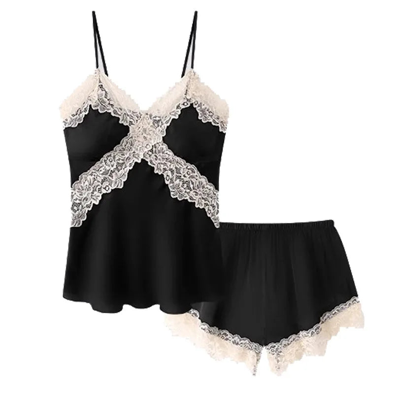 Womens Sexy Satin Pajama Set Lace Trim Cami Top Shorts Lingerie Sleepwear Silky Black Cream V Neck Spaghetti Strap Two Piece