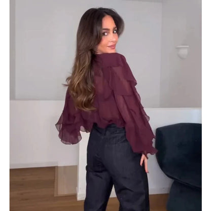MUJER Ruffle Womens Blouses Semi Sheer Casual Blouses Woman Spring Fairy Shirts and Blouses for Lady Long Sleeve Tops Woman 2025