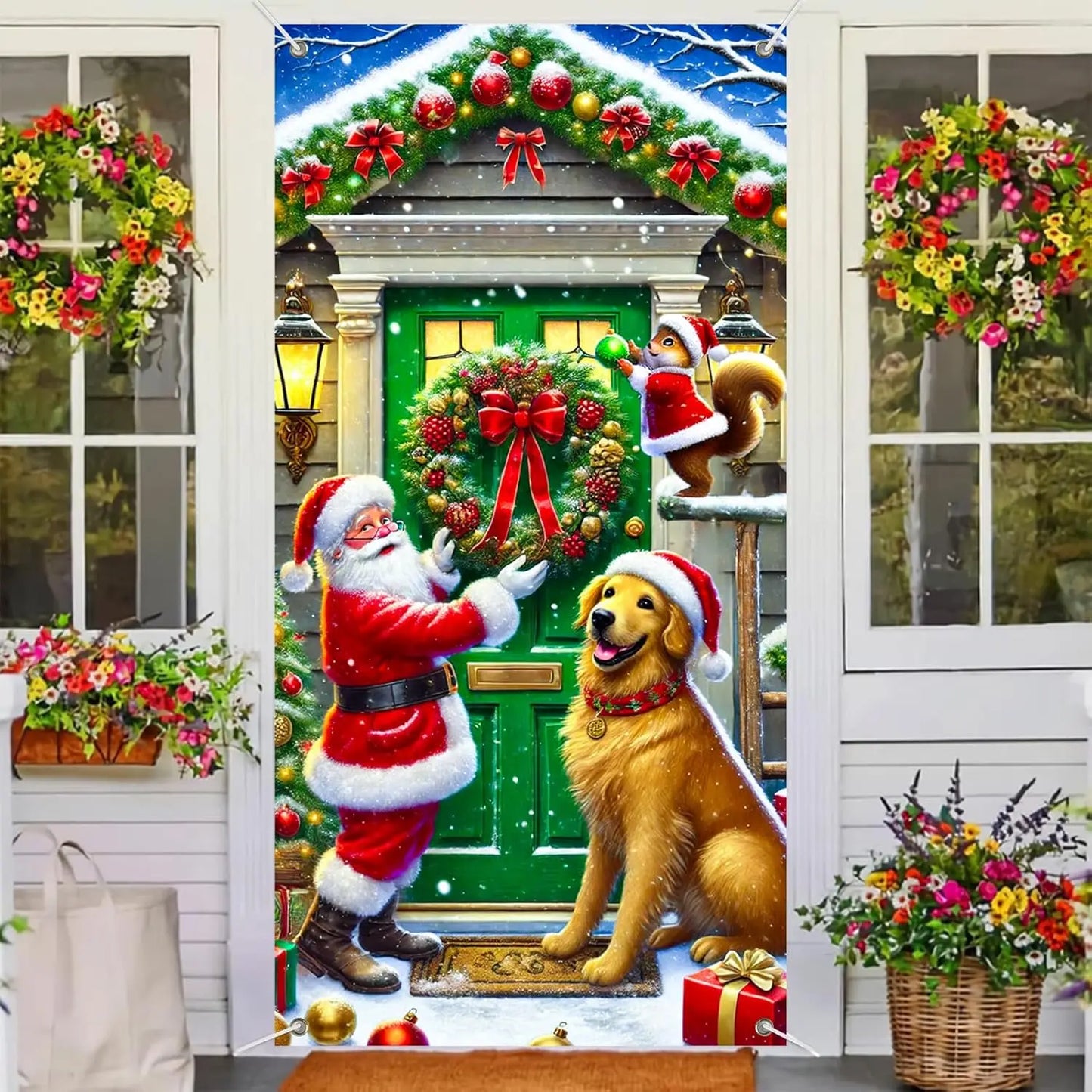 Christmas banner, Christmas dog holiday, Christmas welcome door banner, indoor and outdoor wall decoration, polyester