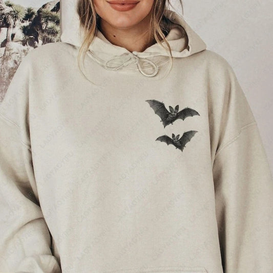 EtherealBe gothic bat hoodie for women in light beige featuring bat graphics