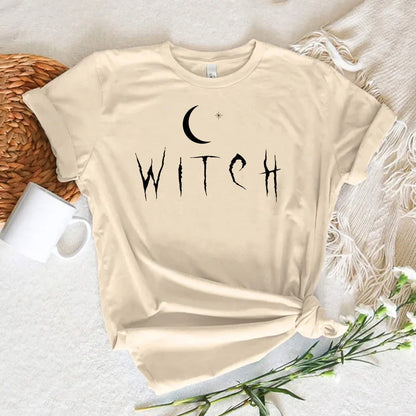 EtherealBe Halloween witch shirt women in beige with moon and star design for spooky style