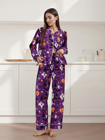Women Halloween Pajama Set Pumpkin Ghost Long Sleeve Tops + Pants For Nightwear Homewear Casual Wear