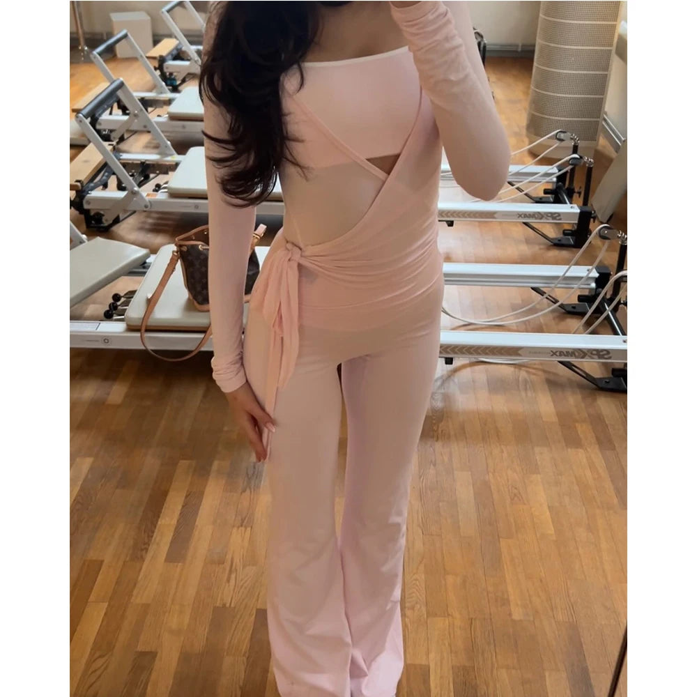 Women Autumn y2k Yoga 2 Piece Outfits Casual Solid Tie up Hem Wrap Long Sleeves V-neck Crop Tops Elastic Flare Pants Tracksuits