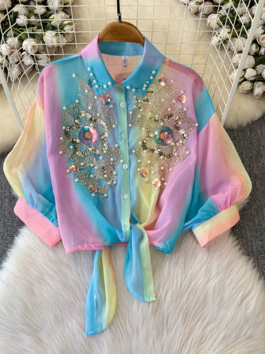 Beads Sequin Flower Blusas Mujer Rainbow Color Shirts & Blouses Lace-up Bow Camisas 2026 Spring Women Clothing Ropa