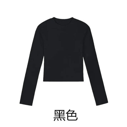Cotton O Neck Long Sleeve Shirt Women Sexy Cropped Tops 2025 Autumn Black Casual Skinny Slim Basic Woman T Shirts White Clothing