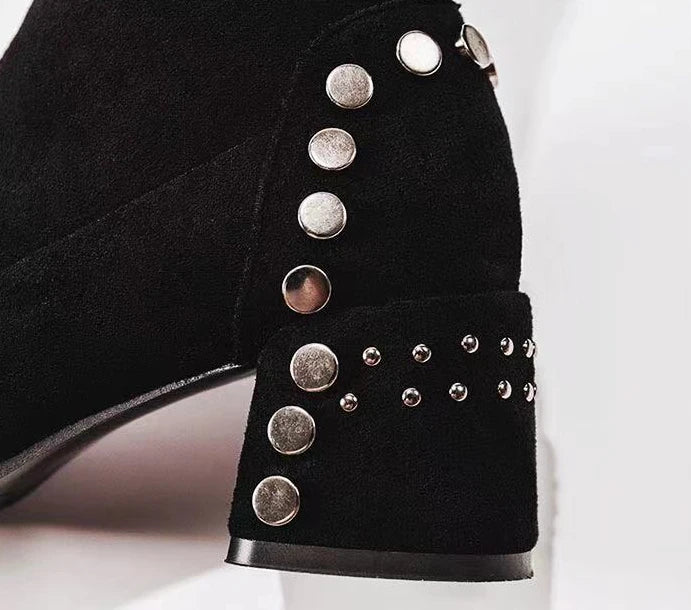 Mid Calf Round Toe Black Shoes For Women Ladies Boots Biker Footwear Studded Half High Gothic Hot Stylish And Low Price Pu