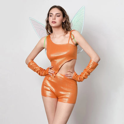 EtherealBe women's fairy Halloween costume with shiny orange bodysuit and green wing accents
