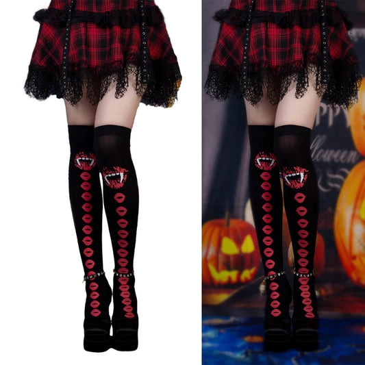 Women wearing two-toned Halloween tights for women with a spooky design and stylish skirt