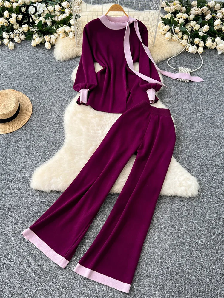 SINGREINY Office Lady Autumn Two Pieces Suits Ladies O Neck Lantern Sleeve Lace Up Top+Elastic Long Pants Fashion Knitting Sets