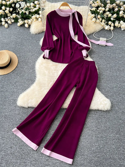 SINGREINY Office Lady Autumn Two Pieces Suits Ladies O Neck Lantern Sleeve Lace Up Top+Elastic Long Pants Fashion Knitting Sets
